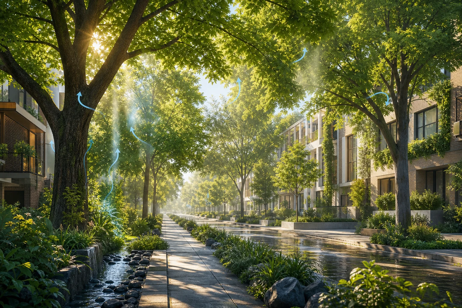 A tree-lined city street with sunlight passing through a dense green canopy