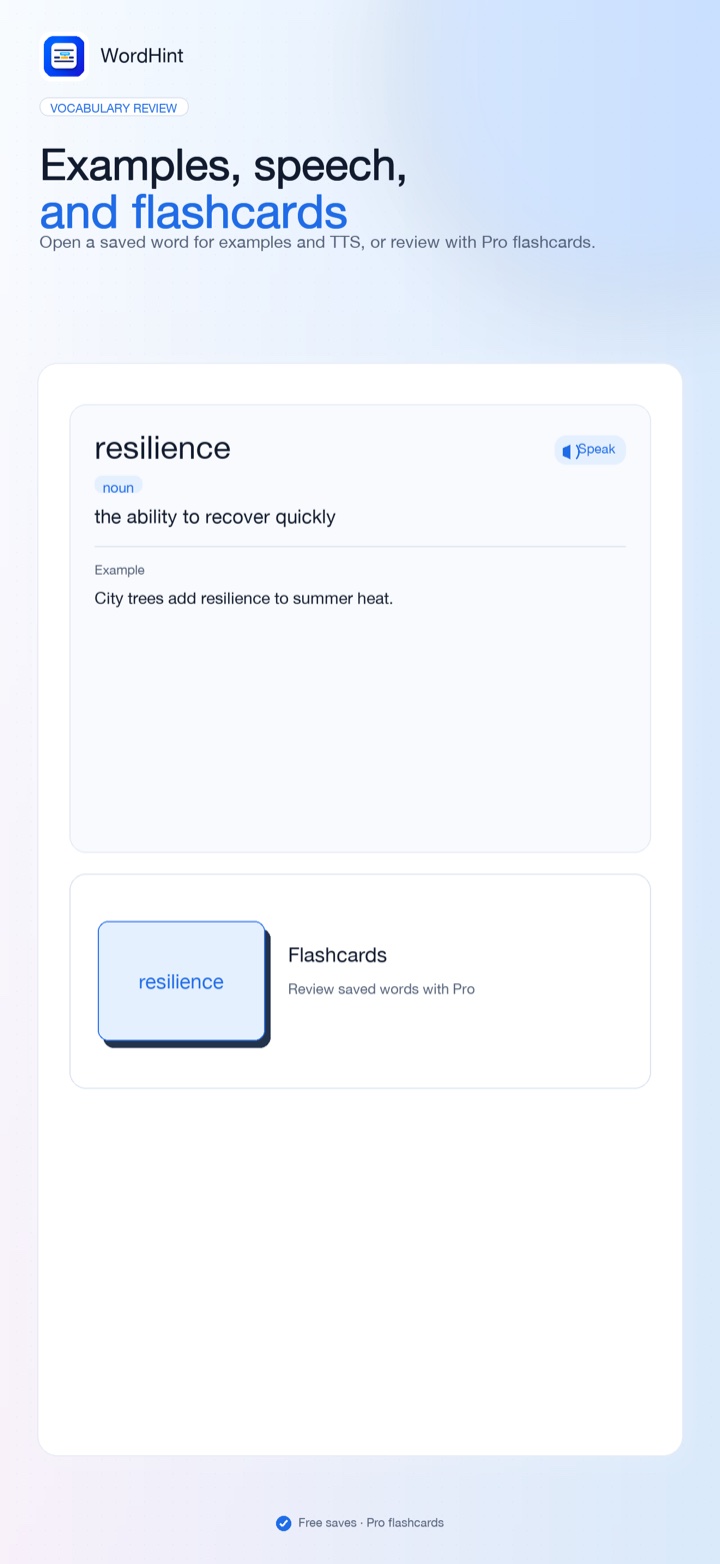 WordHint vocabulary detail with example sentence, speech, and flashcards
