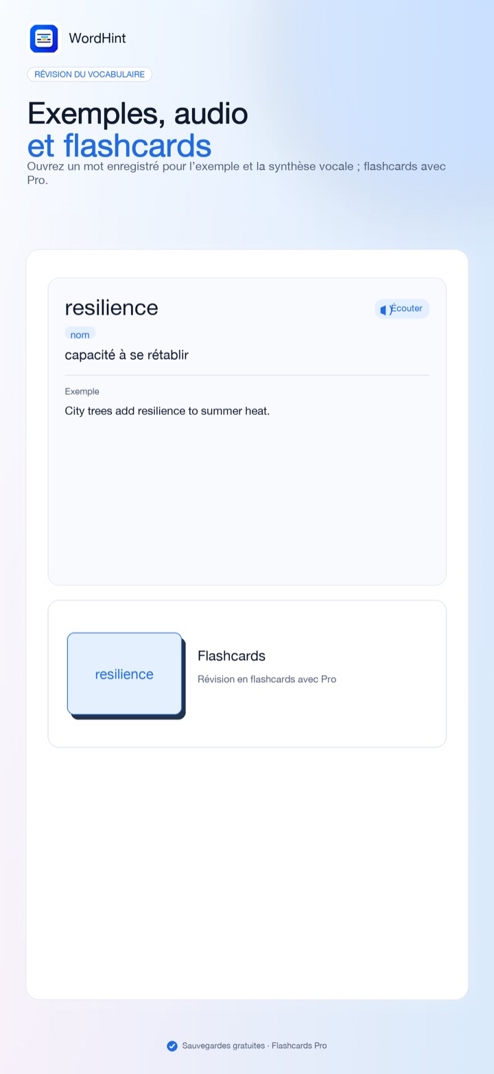 Vocabulaire avec exemple, audio et flashcards